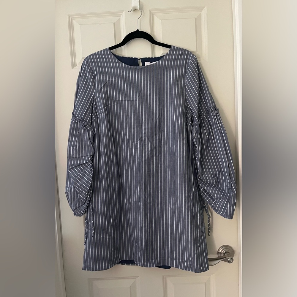 Charles Henry blue stripe poplin chambray dress w/balloon ruched sleeves XL